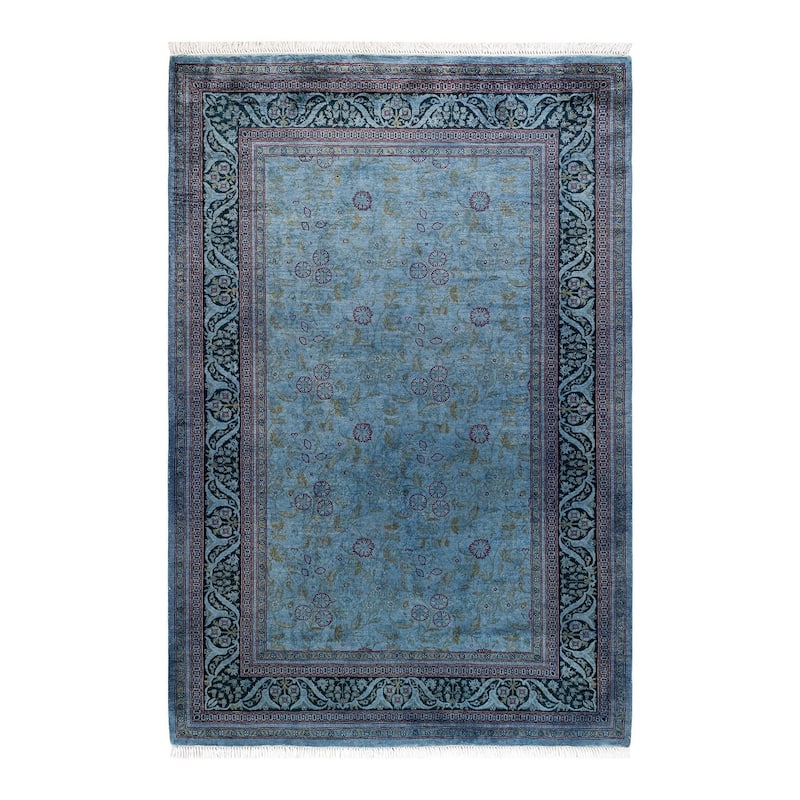Overton Hand Knotted Wool Vintage Inspired Modern Contemporary Overdyed Blue Area Rug - 4' 2" x 6' 2"