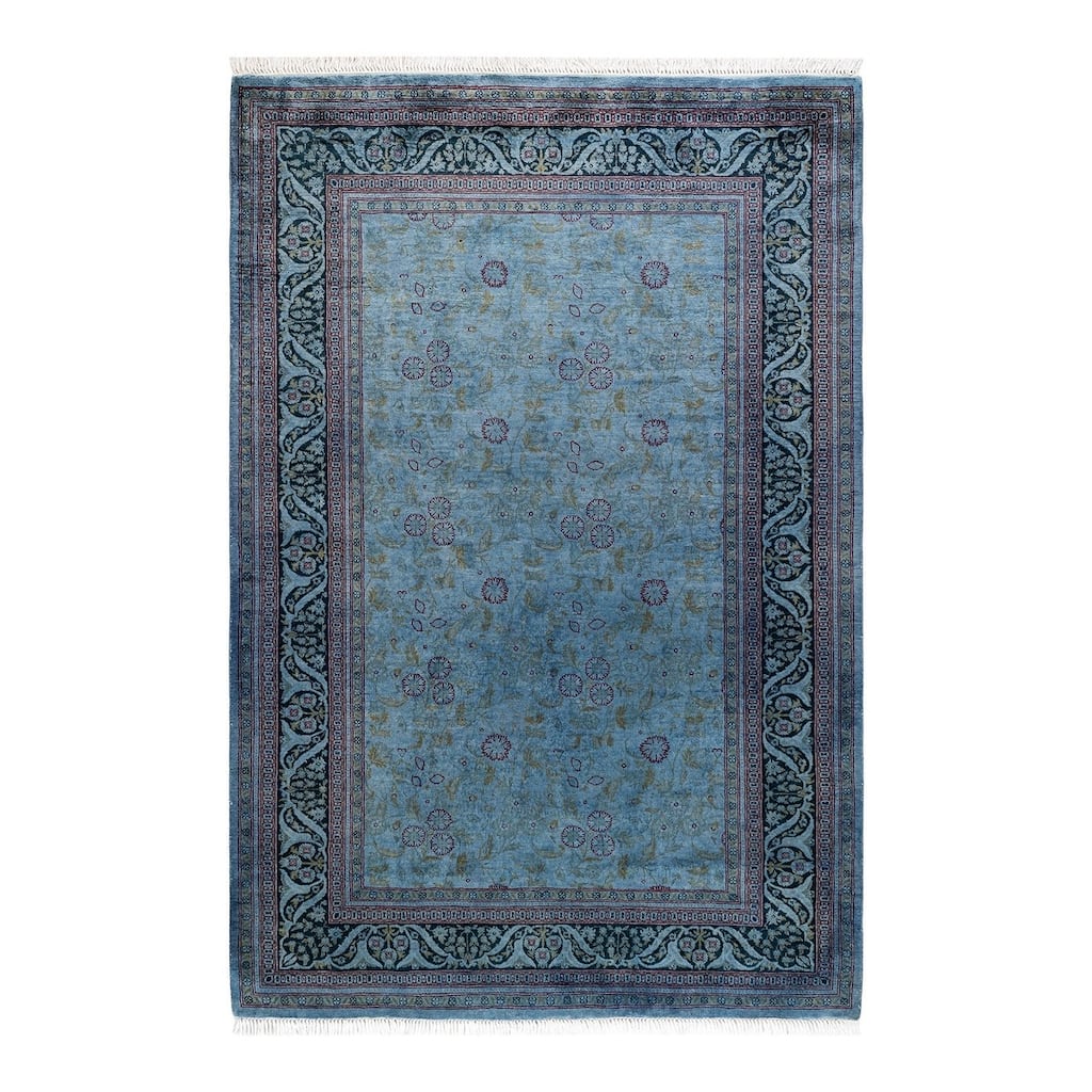 Overton Hand Knotted Wool Vintage Inspired Modern Contemporary Overdyed Blue Area Rug - 4' 2" x 6' 2"