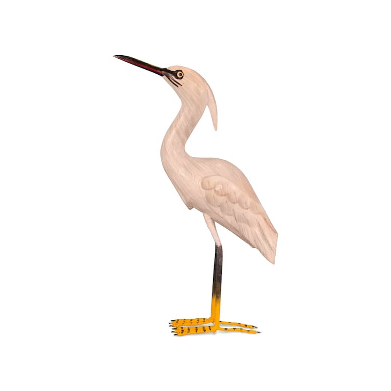 Wood Snowy Egret Heron Figurine - Hand Carved Coastal Bird Sculpture, Elegant Shore Decor - 11" tall x 7" wide x 2.2" deep