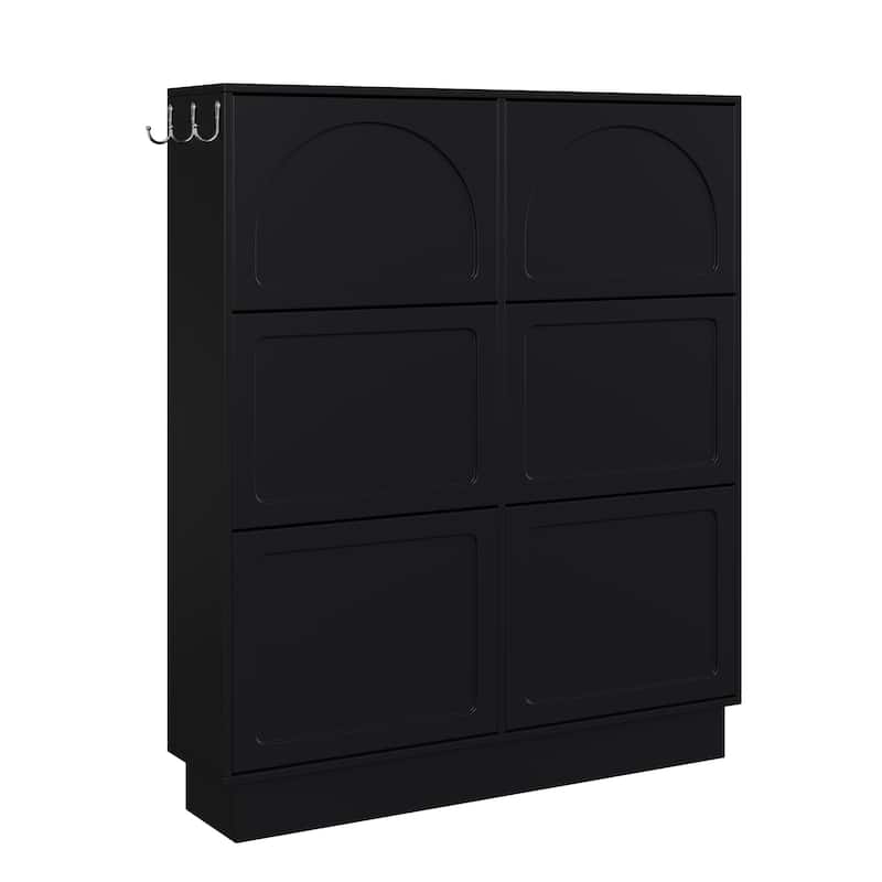 Narrow Shoe Cabinet with 6 Flip Drawers, Free-Standing Entryway Organizer, Shoe Rack with 3 Hooks & Adjustable Shelf