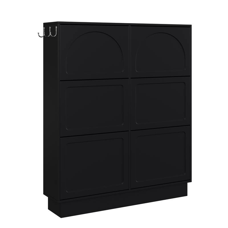 Narrow Tipping Bucket Shoe Cabinet With 6 Flip Drawers,Adjustable Shelf,Free-Standing Shoe Rack With 3 Silvery Hooks, Black