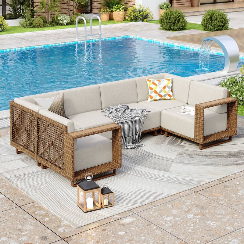 MAISON ARTS 6-Piece Modular Arc Rattan Sofa Set - Wide Armrests & Thick Cushions | Durable PE Wicker & Wood-Plastic. -  Durable PE Wicker & Wood-Plastic.|D.