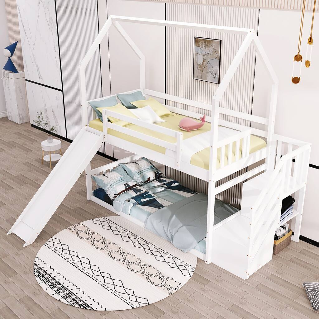 Nestfair Twin over Twin House Bunk Bed with Convertible Slide and ...