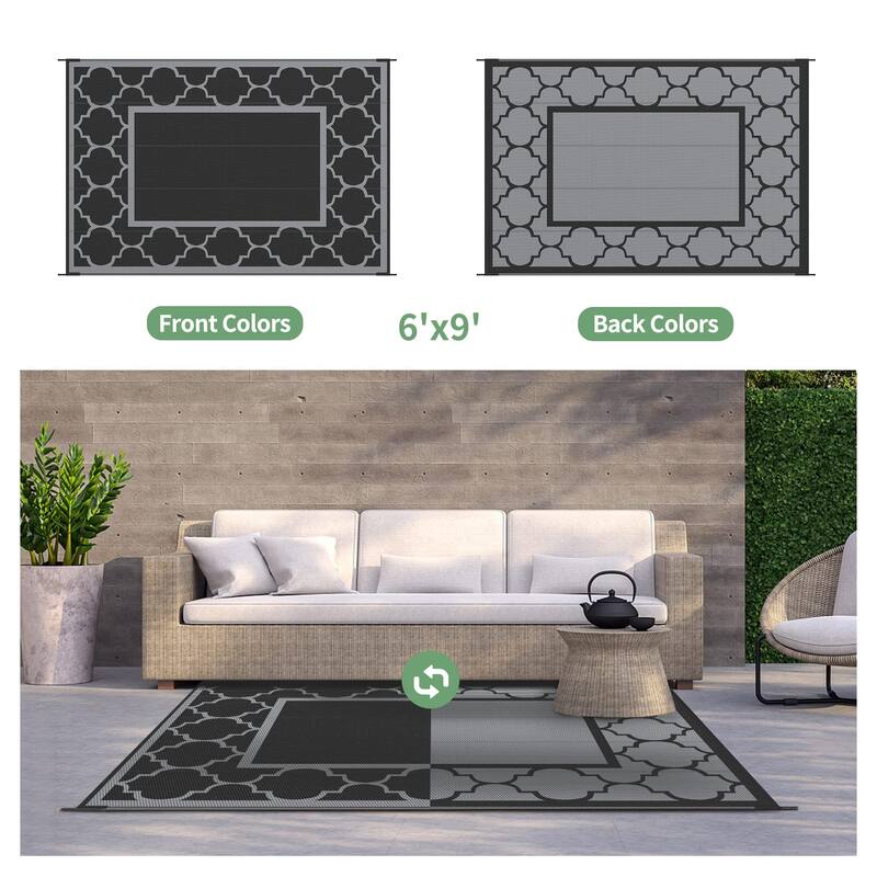 Reversible Dark Tone Geometric Flat-Weave Recyclable Outdoor Rug