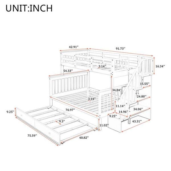 Twin over Full Bunk Bed with Trundle, Maximized Storage Space, Grey