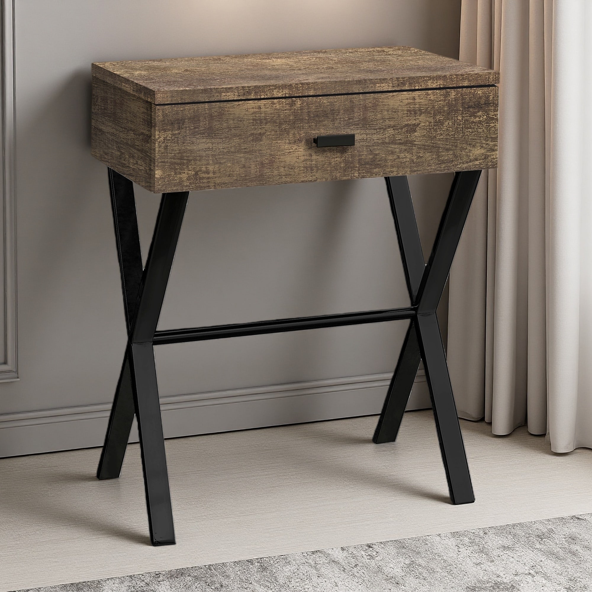 18.25"L Accent Table with Storage Drawer, Reclaimed Wood-Look Top, Metal X-Frame Base, Modern End Table Nightstand for Bedroom