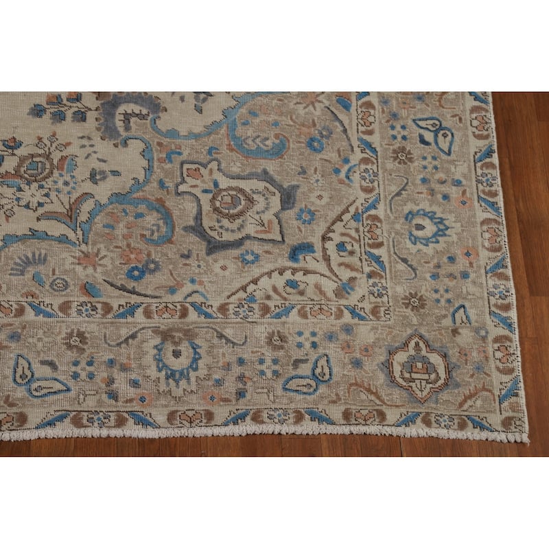 Hand Knotted Oriental 100% Wool Carpet Traditional Floral Beige & Ivories Tabriz Area Rug - 11' 0'' X 8' 2''