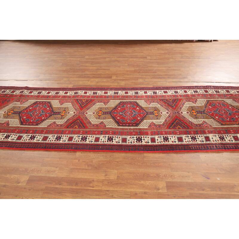 Tribal Ardebil Persian Vintage Runner Rug Hand-Knotted Wool Carpet - 3'4"x 11'1"