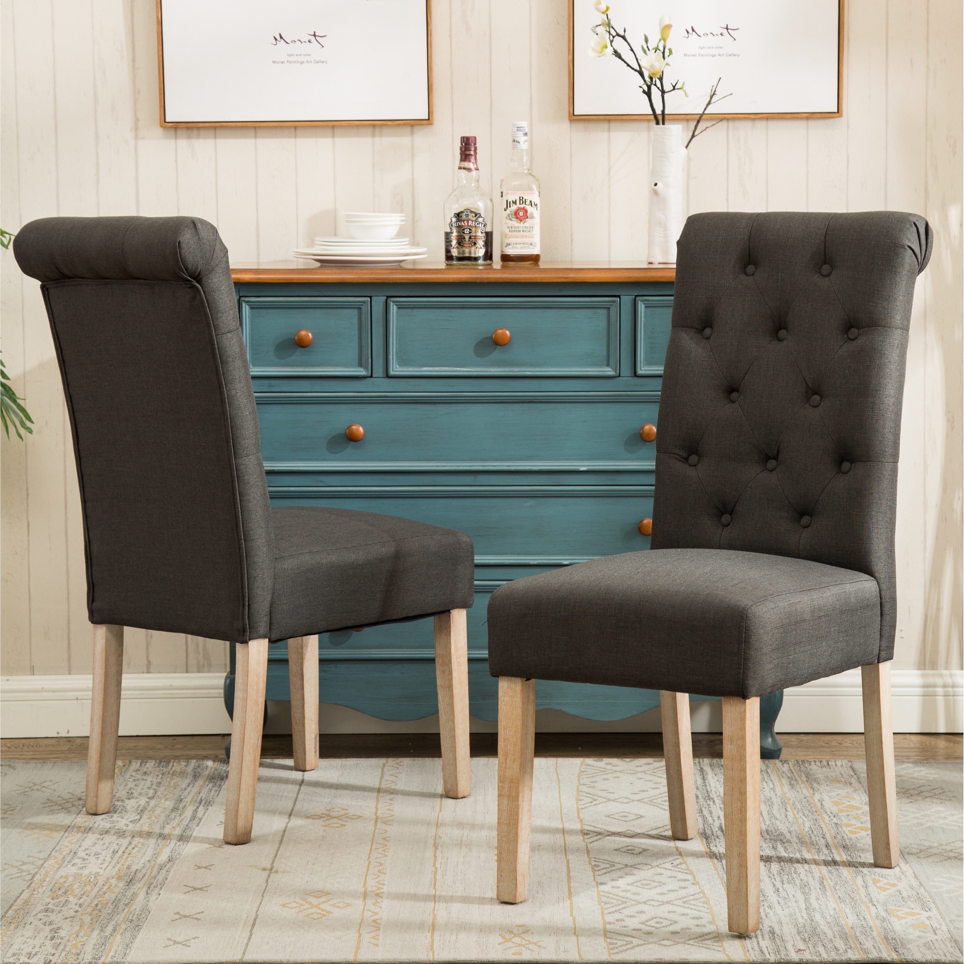 Charcoal Set of 2 Upholstered Chair Dining Chair with Button Tufted Backrest, Reception Chair Accent Chair with Wood Frame