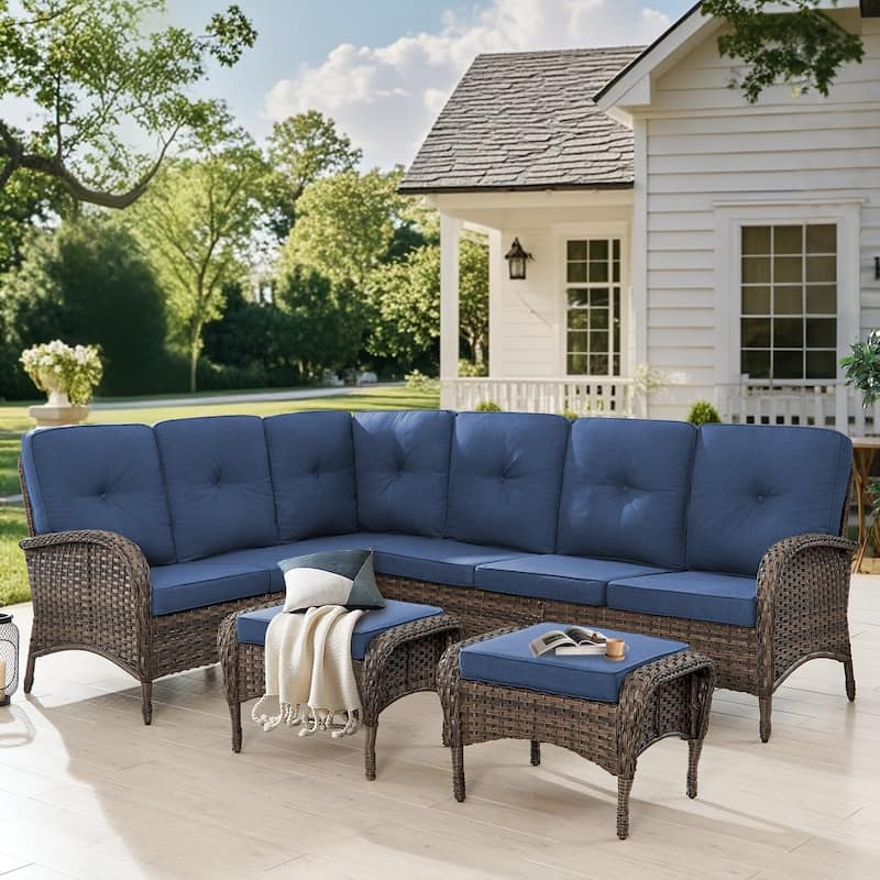 Gymojoy L-Shaped Outdoor Sectional Sofa Set with Wicker Ottomans