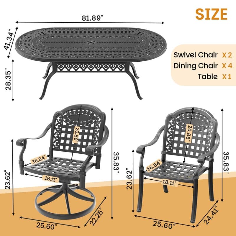 7-Piece Outdoor Dining Set with 1 Table and 6 Chairs, All-Weather Aluminum Outdoor Patio Sets