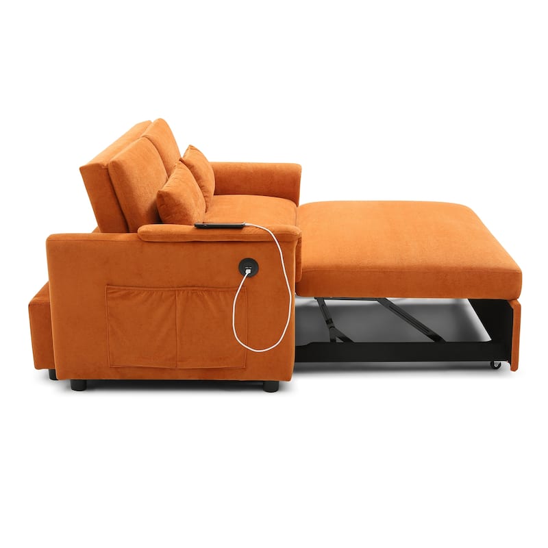 55" Velvet 2-Seater Convertible Sofa Bed, 3-in-1 Pull-Out Loveseat with Adjustable Backrest, USB Ports, Side Pockets