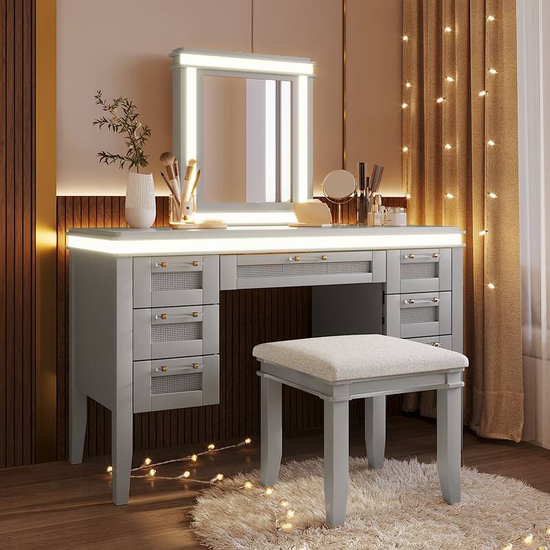 48" Vanity Desk with Mirror and Lights, Makeup Vanity with 7 Drawers and Cushioned Stool, with Hollow Design Drawer - Grayish Blue