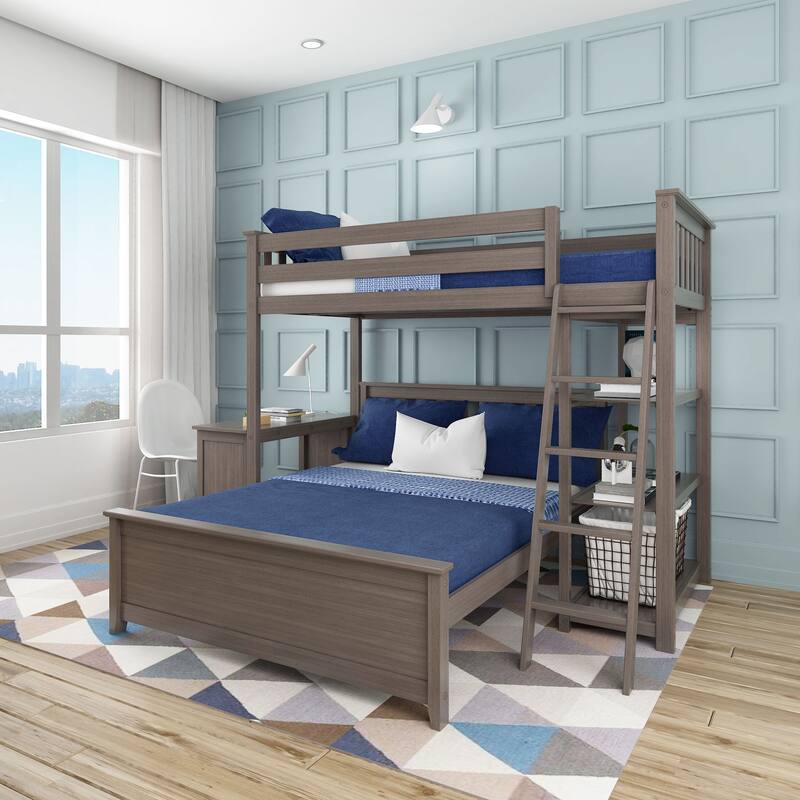 Max and Lily L Shaped Twin over Full Bunk Bed with Bookcase and Desk