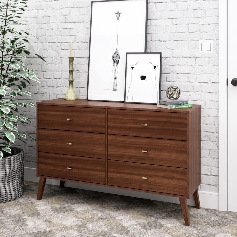 Prepac Milo Mid-Century Modern 6 Drawer Double Dresser for Bedroom, Chest of Drawers, Contemporary Bedroom Furniture