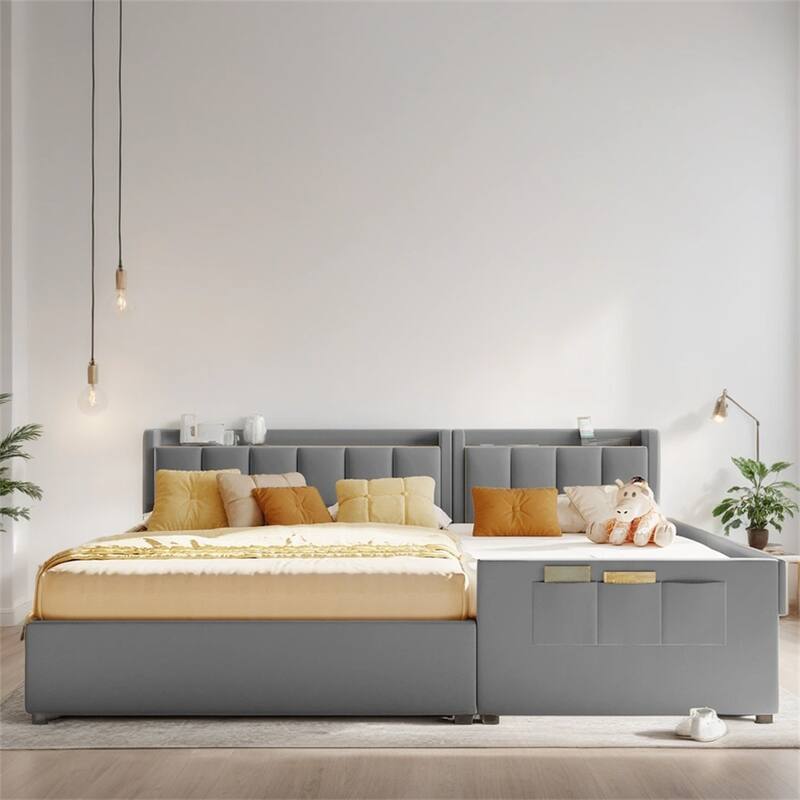 Queen Size Leather Upholstered Platform Bed with Drawer and Sockets - Gray