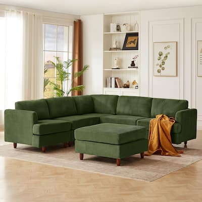 Modern Modular Sectional Couch, 6 Seaters Corner Sleeper Sofa Corduroy Upholstered Sofa Bed with Ottoman, L-shape Couch