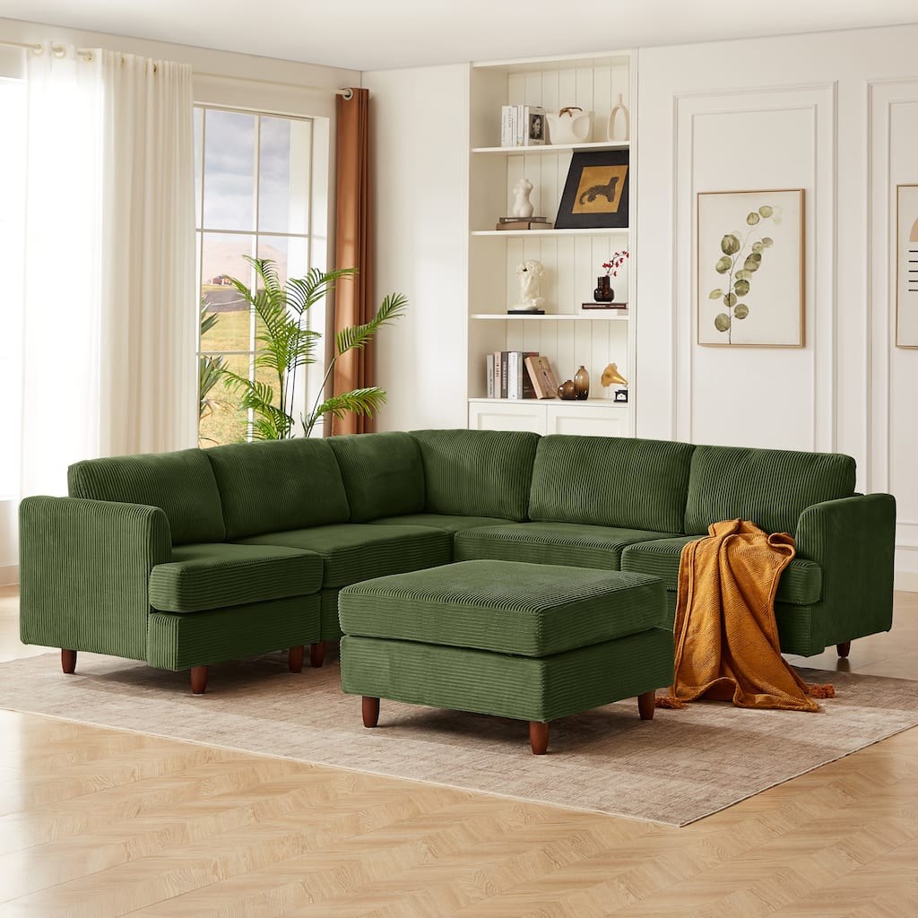 Modern Modular Sectional Couch, 6 Seaters Corner Sleeper Sofa Corduroy Upholstered Sofa Bed with Ottoman, L-shape Couch