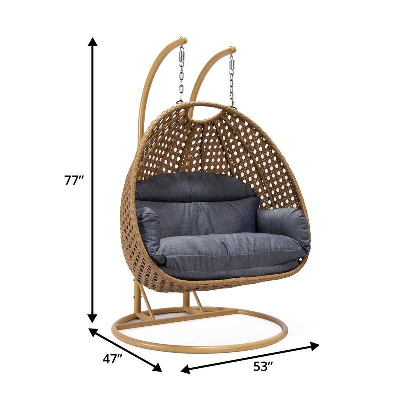 LeisureMod Mendoza 2-Person Hanging Egg Swing Chair - Handcrafted Light Brown Wicker, Patio Hammock Lounger with Cushions - 53"