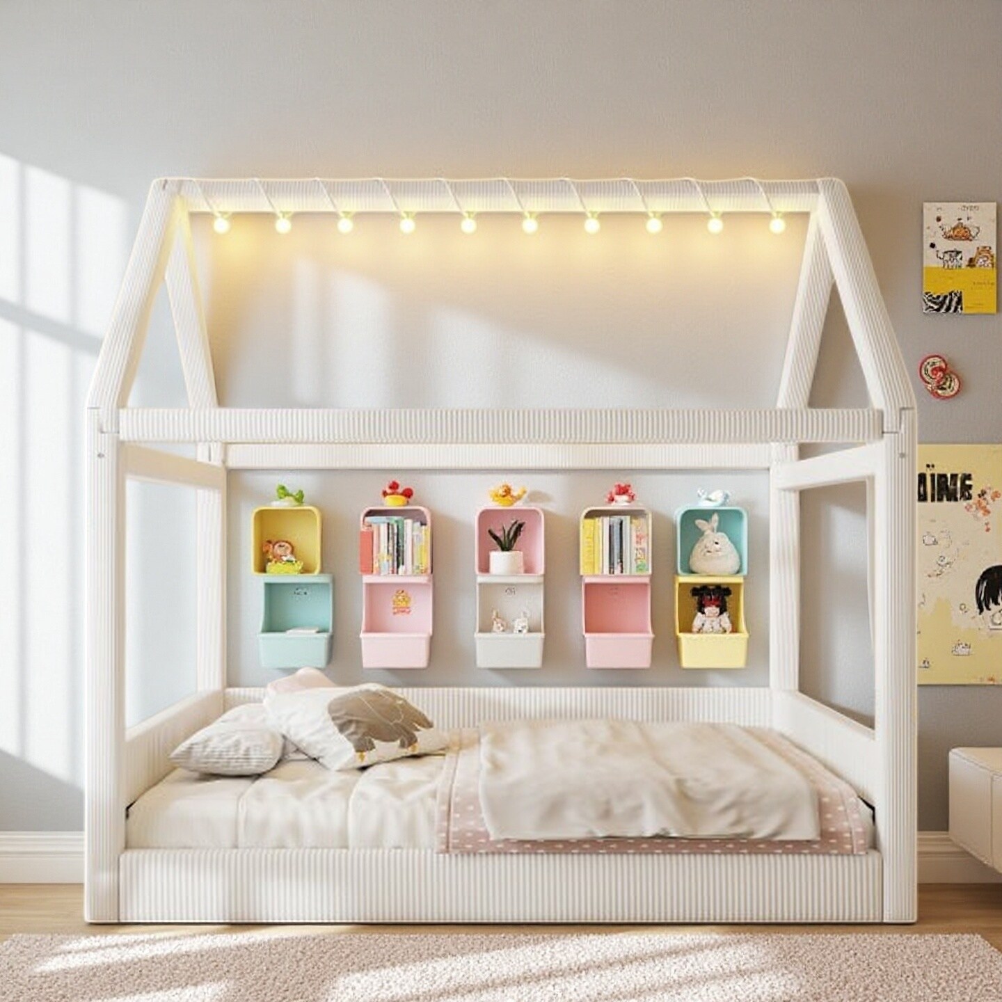 Full Size Upholstered House-Style Daybed with Touch-Control LED Lighting, Corduroy Fabric Frame, Solid Wood Construction