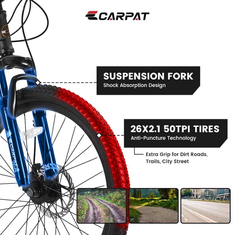26" Mountain Bike, Shimano 21-Speed with Mechanical Disc Brakes, High-Carbon Steel Frame, Suspension MTB Bicycle