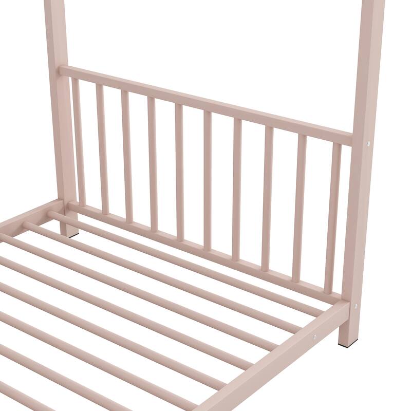 Roomfitters Twin Size House Bed, Modern Metal Floor Bed Frame with Roof, Sleek Scandi Style Sleep Space, Pink