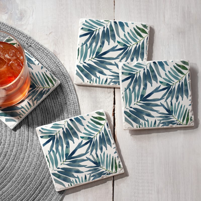 Counterart Absorbent Stone Coasters - Blue Palms - Set of 4 - 4x4x108