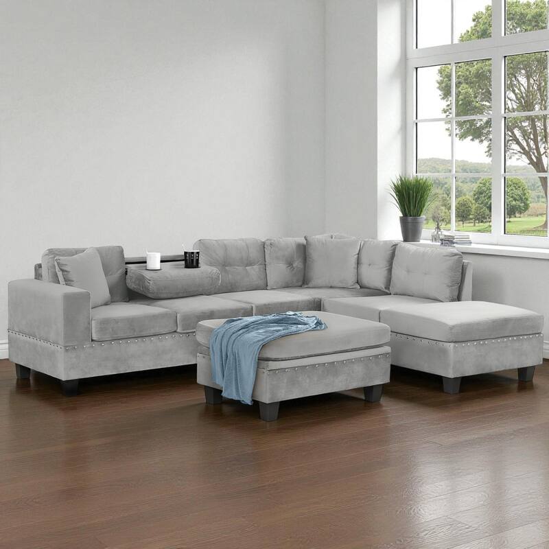 105" Modern L-Shaped Sectional Sofa with Storage Ottoman, Reversible Chaise, Velvet Upholstery and Cup Holders for Living Room