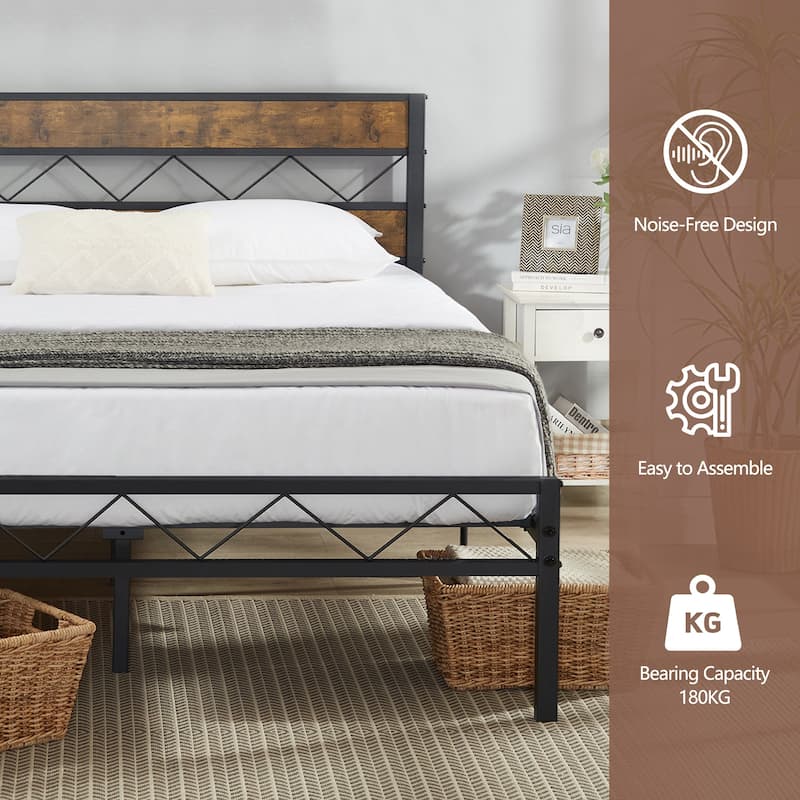VECELO Vintage Metal Platform Bed Frame with Wood Headboard, Storage Bed, Noise-Free, No Box Spring Needed, Twin/Full/Queen Size