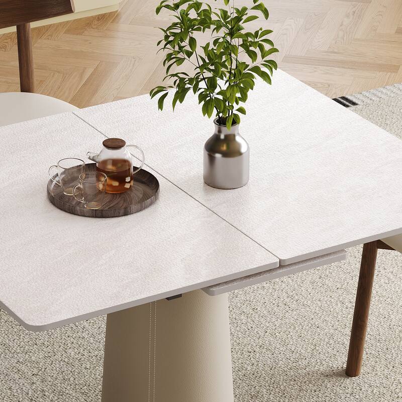 Roomfitters Retractable Sintered Stone Dining Table, Square Base, Expandable Desk & Leather Pedestal