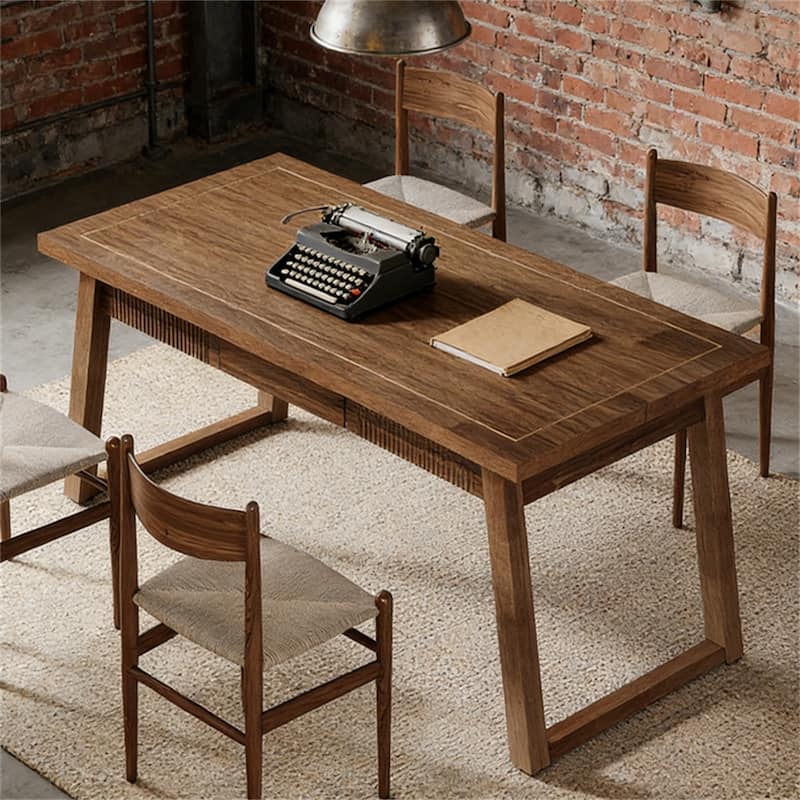 Dining Table with Hidden Drawer, Wood Kitchen Table for 4-6 People, Home Office Table with Wood Legs