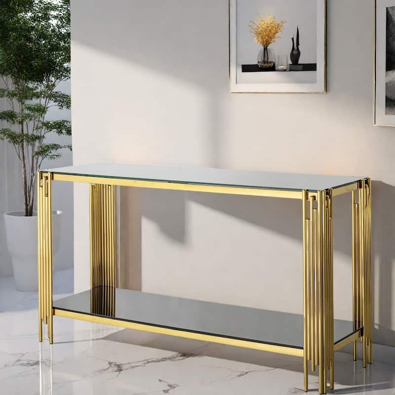55.12" Glass Console Table with Irregular Gold Steel Frame for Living Room - Black+Gold