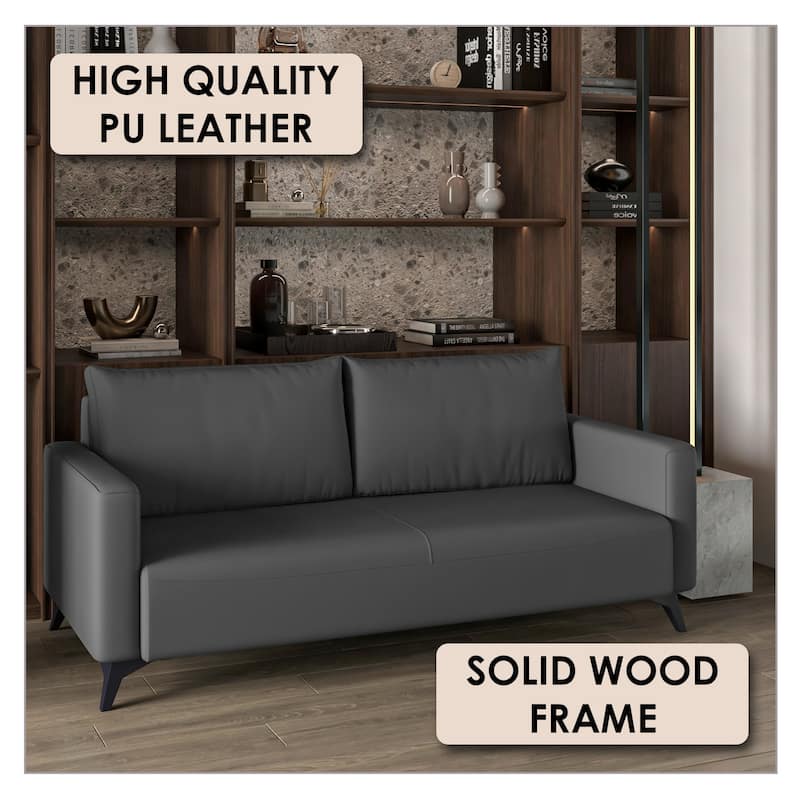 Inno 3 Seater Modern Leather Cozy Sofa in Solid Wood Frame and Stainless Steel Legs with Detachable Back Cushions
