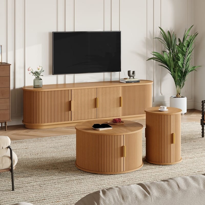 Mid Century Modern 74.8" TV Stand & Coffee Table Set for TVs up to 75", Wooden Media Console with Fluted Sliding Doors