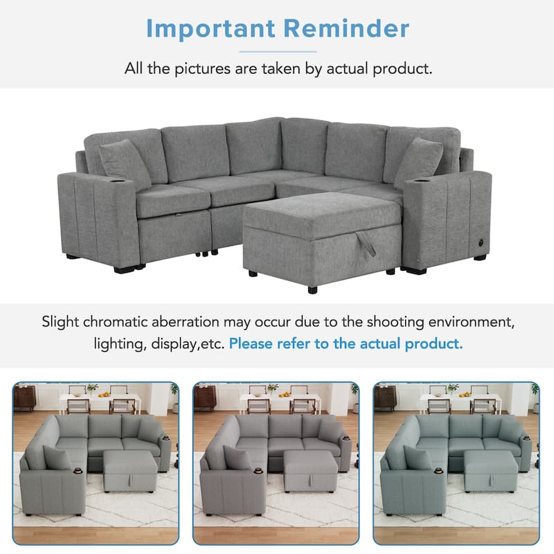 84.7" Modular Sectional Sofa Convertible Pull-Out Bed U-Shape L-Shape Couch with Storage Ottoman USB Ports Cup Holders
