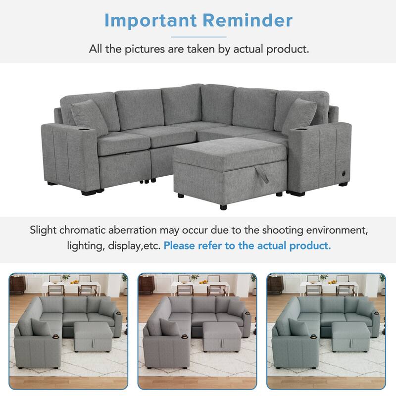 Modern Modular Sectional Sofa with Pull Out Bed and Storage Ottoman and USB Ports for Living Room or Guest Room