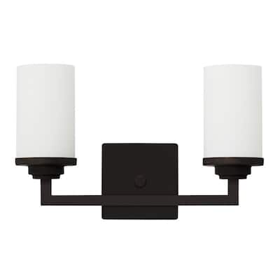 Jordan 2-Light Vanity Light in Ebony Bronze Finish with Frosted White Glass Shades - 15 x 9 x 5.1