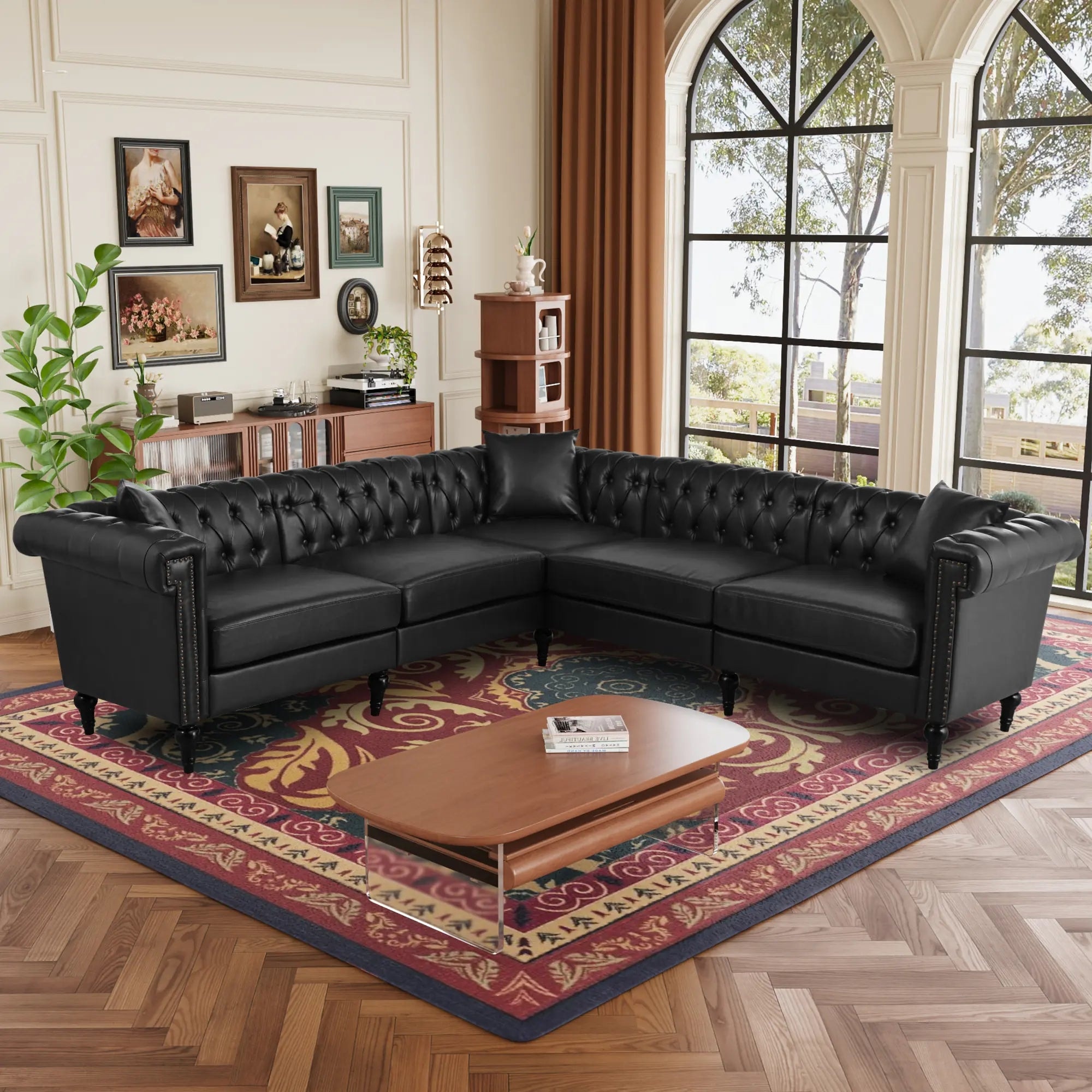 5-Seater L-Shaped Reversible Faux Leather Sectional Sofa with Rivets