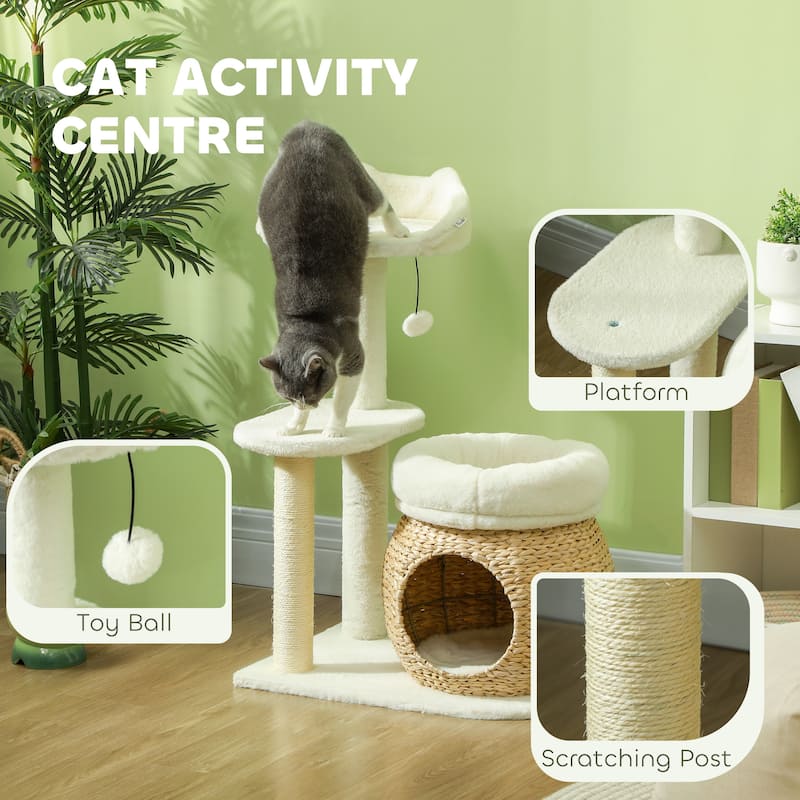 PawHut 31" Cat Tree, Cat Tower for Indoor Cats with Sisal Scratching Posts, Cat Condo, Cat Beds, Cream White