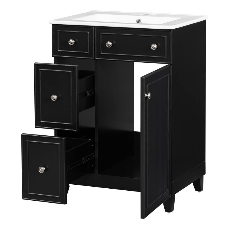 24" Bathroom Vanity Cabinet with Ceramic Sink & 2 Drawers, Bathroom Storage Cabinet Free-standing Single Sink Cabinet, Black