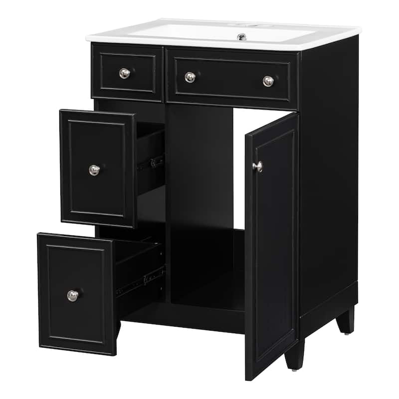 GDFStudio - Luna Wood & Ceramic 24" Bathroom Vanity Cabinet with Drawers & Door