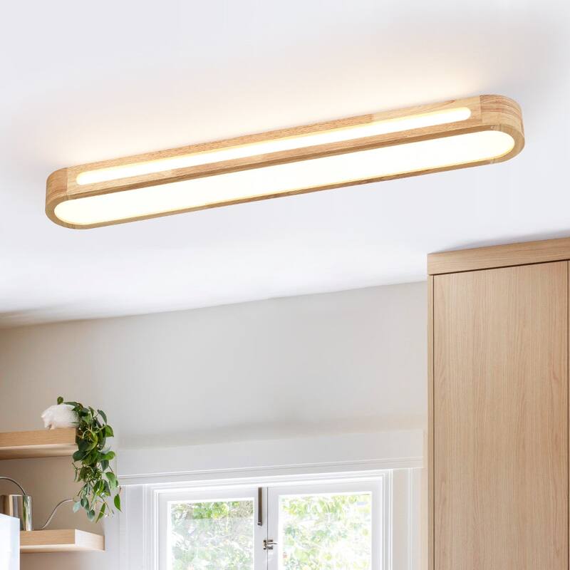 Rustic Natural Wood Dimmable LED Oval Ceiling Light 3000K - 39.4 Inches - Wood Grain