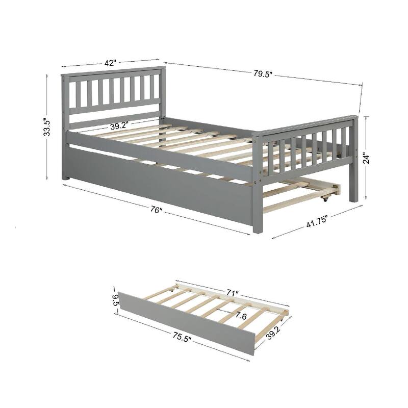 Twin Size Wooden Platform Bed with Trundle, Headboard and Footboard, Space-Saving Design for Guest or Small Bedroom