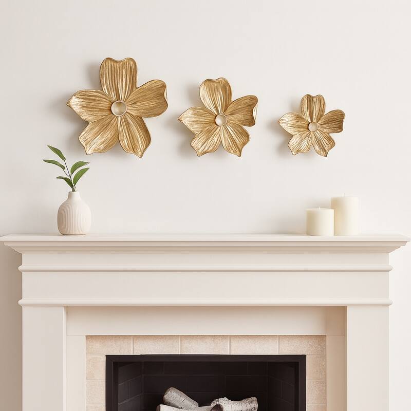 Modern Five Petal Flower Decorative Wall Art Sculpture- Set of 3, 18", Gold