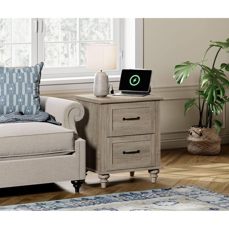 Nightstand with Charging Station, 2-Drawer End Table for Bedroom