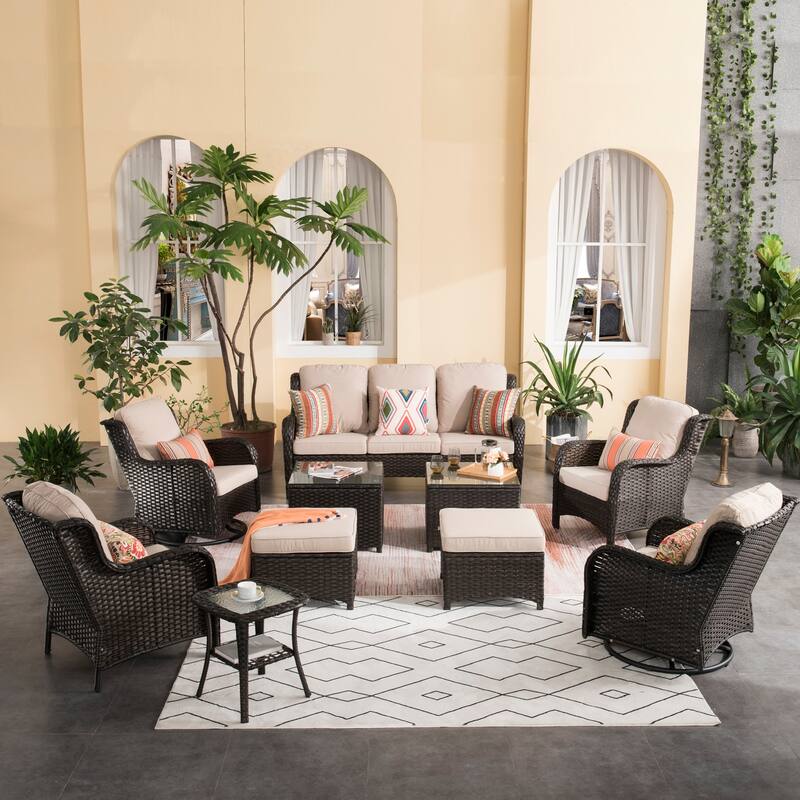 OVIOS 10-piece Patio Swivel Chair Conversation Set with tables - Beige-Brown Wicker