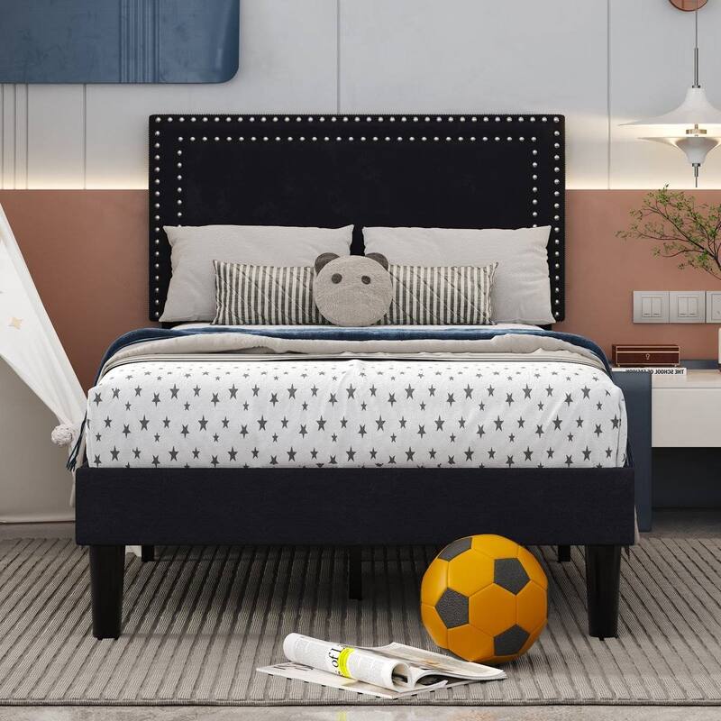 Set of 2 Twin Size Tufted Upholstered Platform Beds Dorm Style Minimalist Metal Frame with Slats No Box Spring Needed