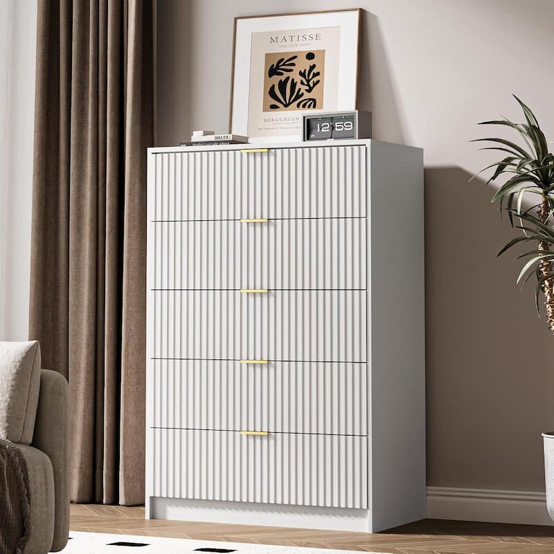 5 Drawer Dresser, 32 Inch Wide Chest with Gold Handles for Bedroom Living Room - White