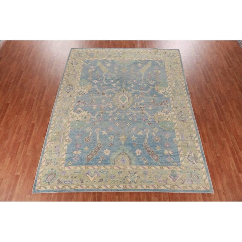 Hand Knotted Oriental 100% Wool Carpet Transitional All-Over Navy Blue & Blues Oushak Area Rug - 11' 7'' X 9' 1''