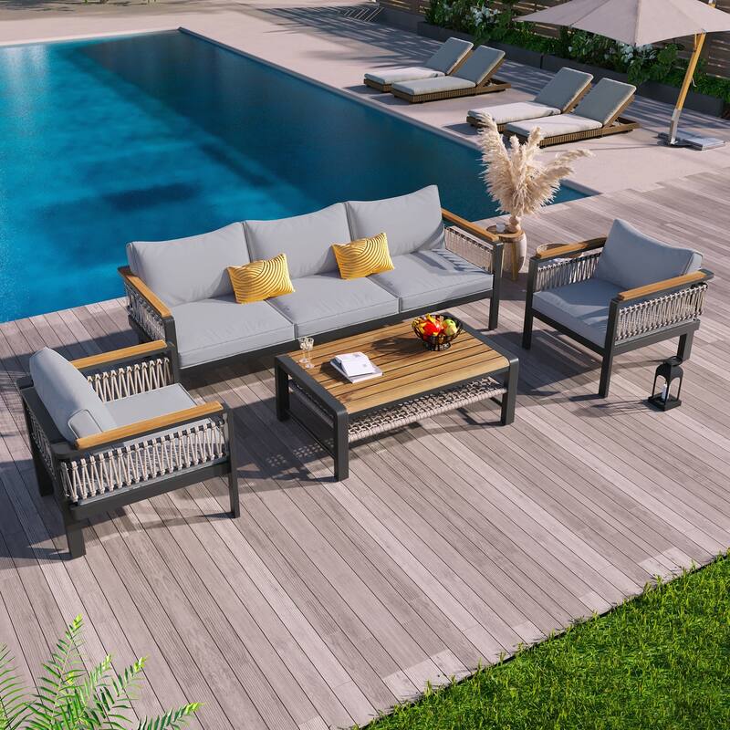4 Pieces Outdoor Sectional Sofa Set 5-person Patio Seating Group Outdoor Conversation Set with Cushions and a Coffee Table
